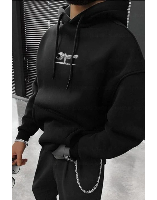 Baskılı Kapüşonlu ve Kordon İpli Sweat - Siyah -