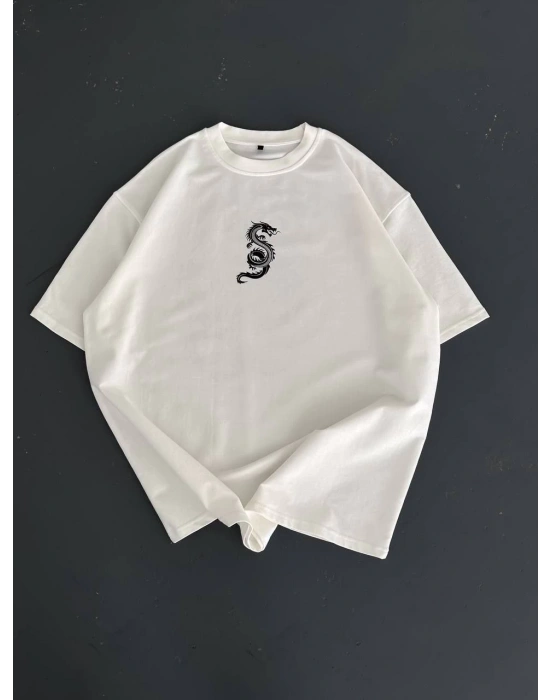 Baskılı Oversize Bisiklet Yaka T-shirt - Beyaz -