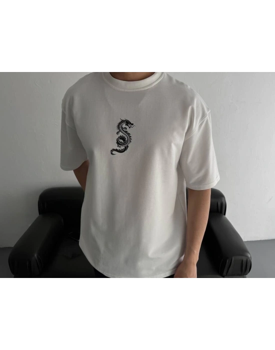 Baskılı Oversize Bisiklet Yaka T-shirt - Beyaz -