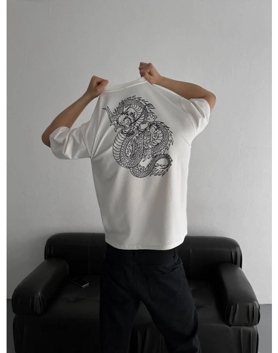 Baskılı Oversize Bisiklet Yaka T-shirt - Beyaz -