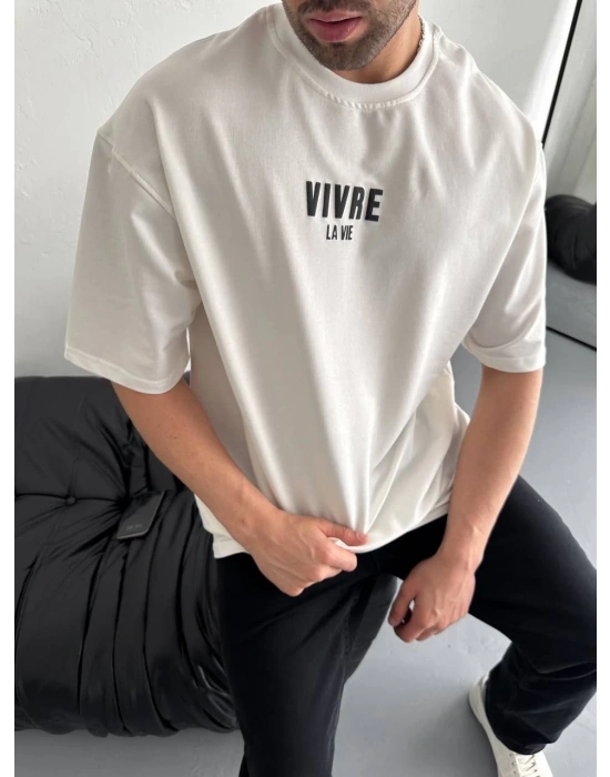 Baskılı Oversize Bisiklet Yaka T-shirt - Beyaz -