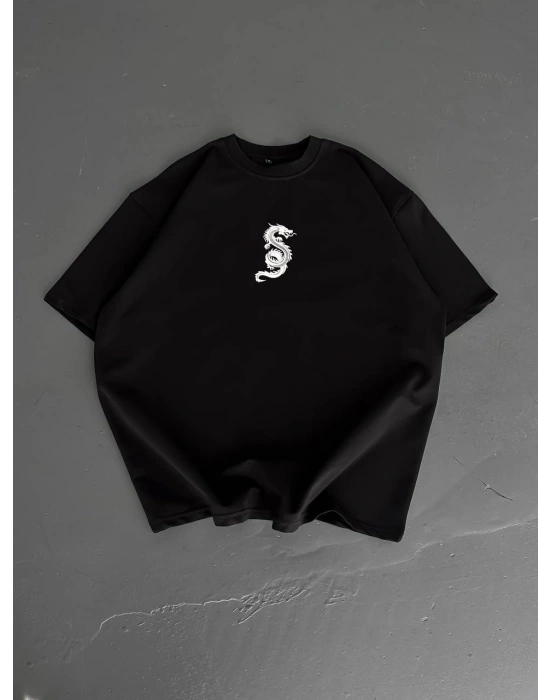 Baskılı Oversize Bisiklet Yaka T-shirt - Siyah -