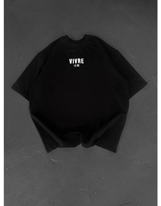 Baskılı Oversize Bisiklet Yaka T-shirt - Siyah -