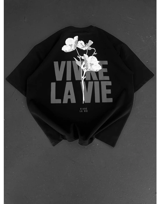 Baskılı Oversize Bisiklet Yaka T-shirt - Siyah -