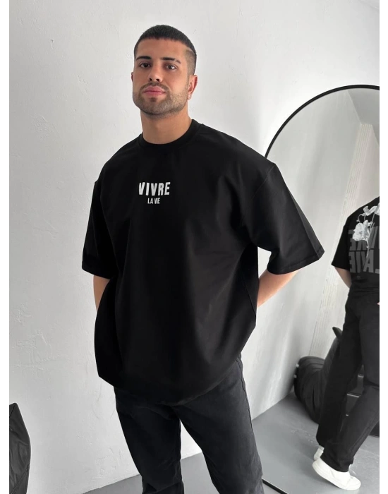 Baskılı Oversize Bisiklet Yaka T-shirt - Siyah -