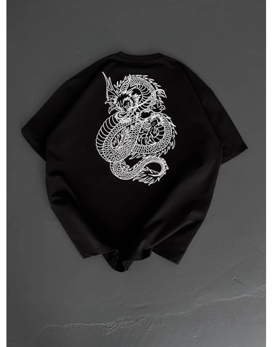 Baskılı Oversize Bisiklet Yaka T-shirt - Siyah -