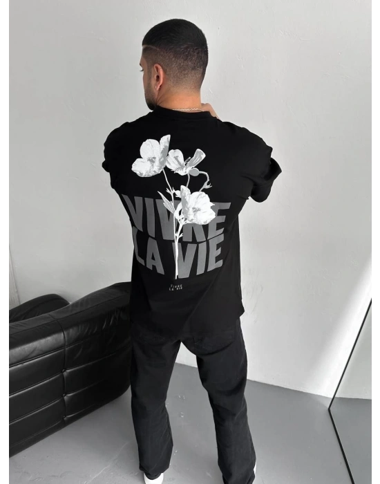 Baskılı Oversize Bisiklet Yaka T-shirt - Siyah -