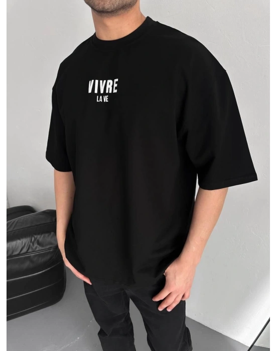 Baskılı Oversize Bisiklet Yaka T-shirt - Siyah -