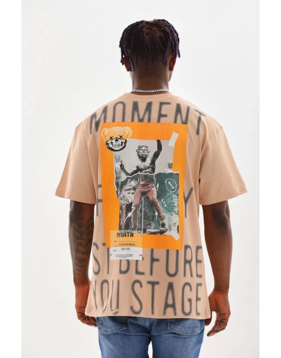 Baskılı Oversize T-Shirt - Bej -