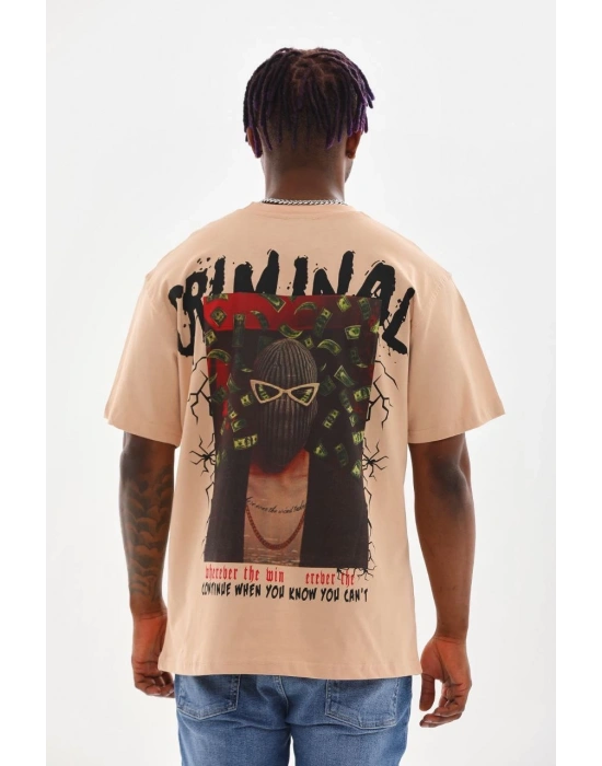 Baskılı Oversize T-Shirt - Bej -