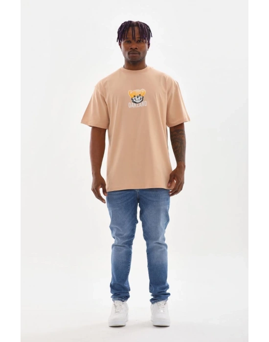 Baskılı Oversize T-Shirt - Bej -
