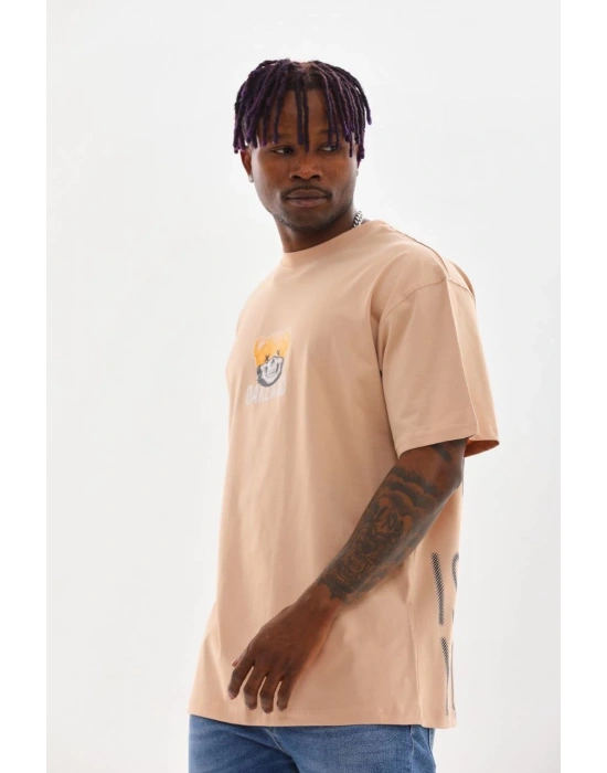 Baskılı Oversize T-Shirt - Bej -