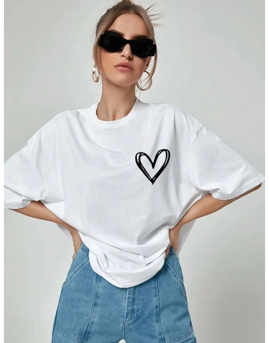 Baskılı Oversize T-Shirt - Beyaz -