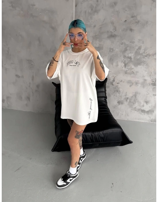 Baskılı Oversize T-Shirt - Beyaz -
