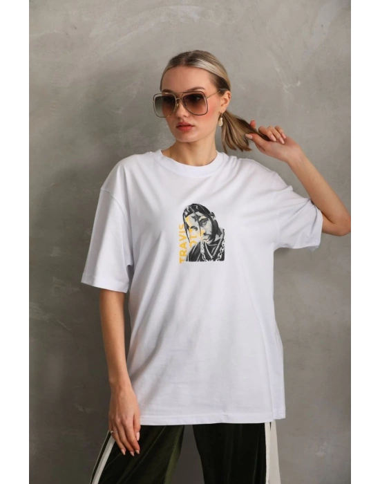 Baskılı Oversize T-Shirt - Beyaz -