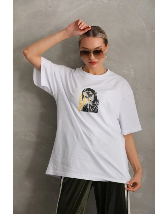 Baskılı Oversize T-Shirt - Beyaz -