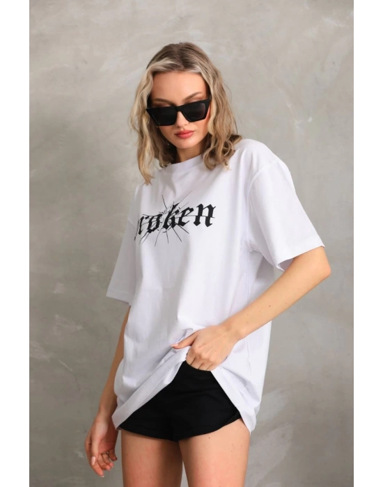 Baskılı Oversize T-Shirt - Beyaz -