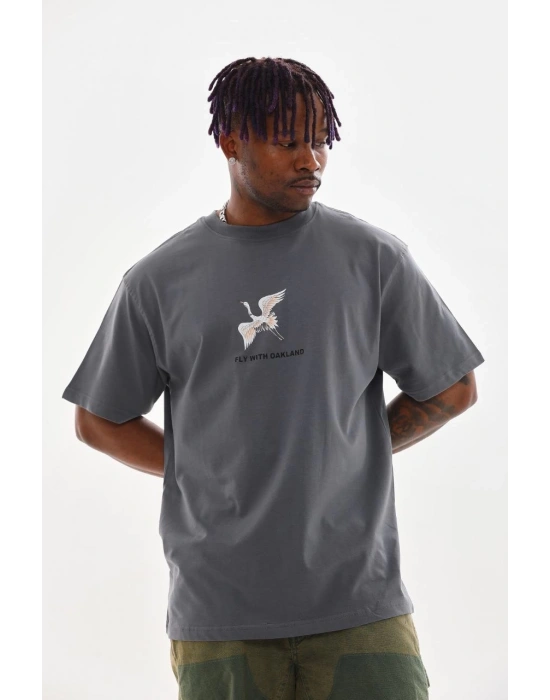 Baskılı Oversize T-Shirt - Füme -