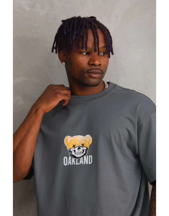 Baskılı Oversize T-Shirt - Füme -