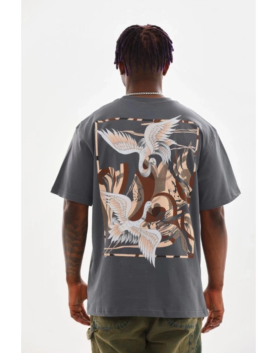 Baskılı Oversize T-Shirt - Füme -