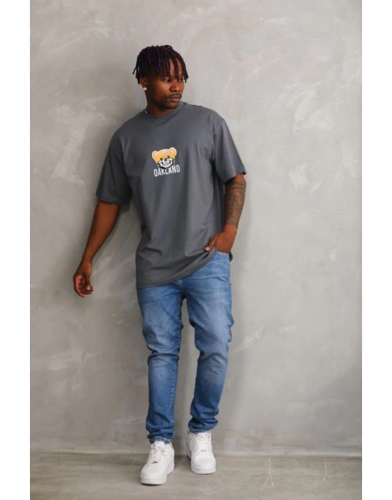 Baskılı Oversize T-Shirt - Füme -