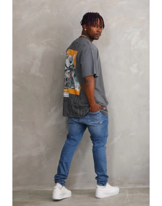 Baskılı Oversize T-Shirt - Füme -