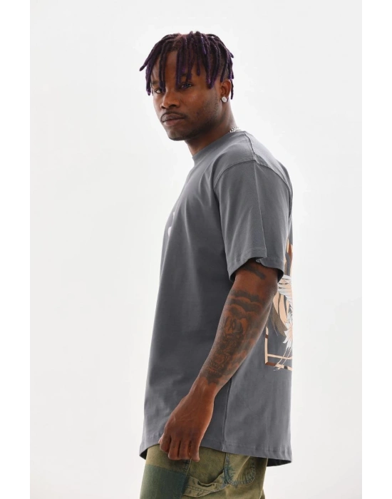 Baskılı Oversize T-Shirt - Füme -