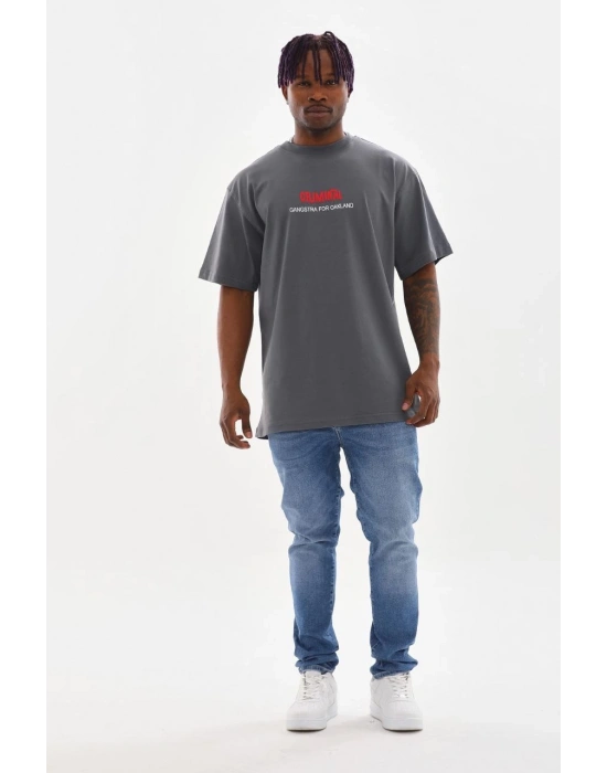 Baskılı Oversize T-Shirt - Füme -