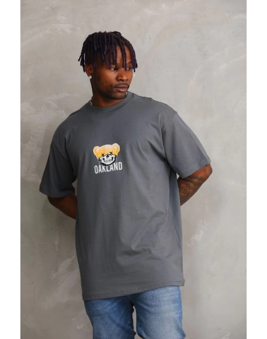 Baskılı Oversize T-Shirt - Füme -