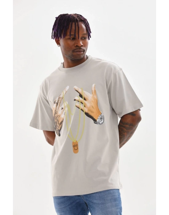 Baskılı Oversize T-Shirt - Gri -