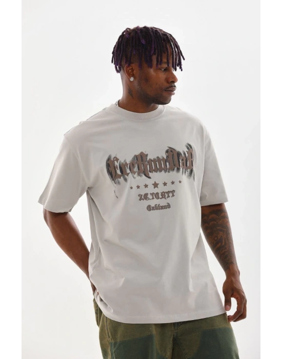 Baskılı Oversize T-Shirt - Gri -