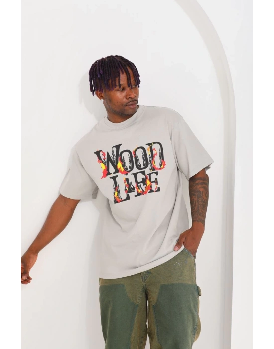 Baskılı Oversize T-Shirt - Gri -