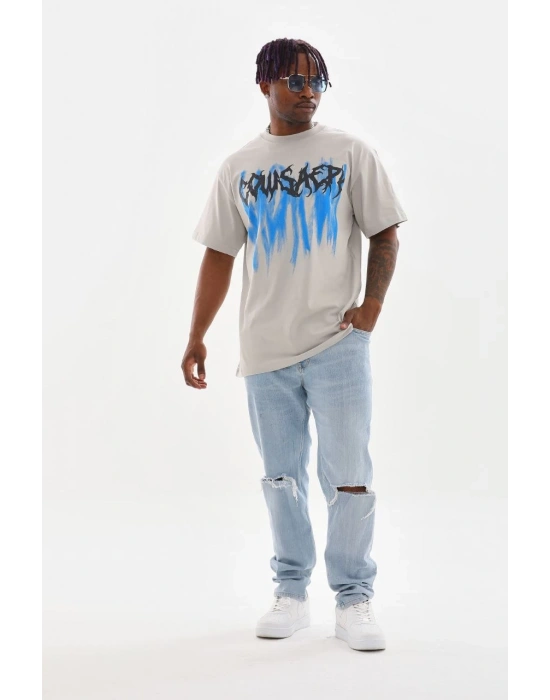 Baskılı Oversize T-Shirt - Gri -