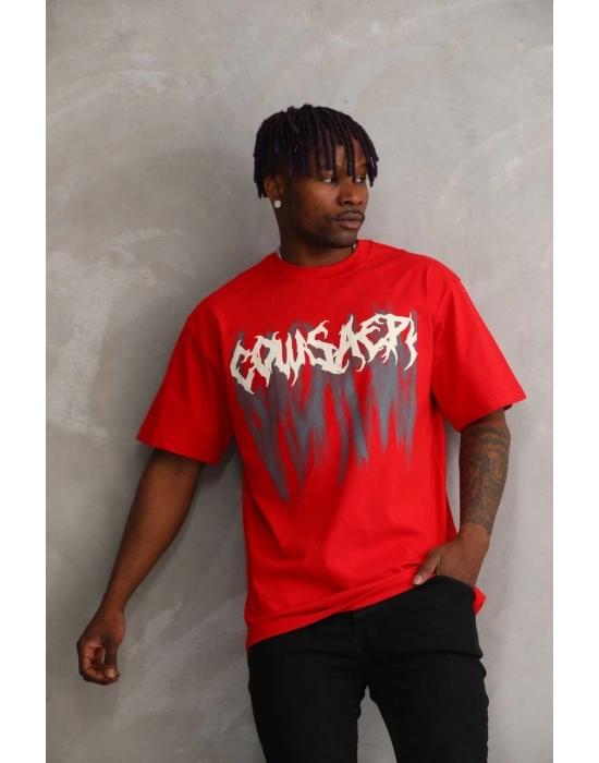 Baskılı Oversize T-Shirt - Kırmızı -