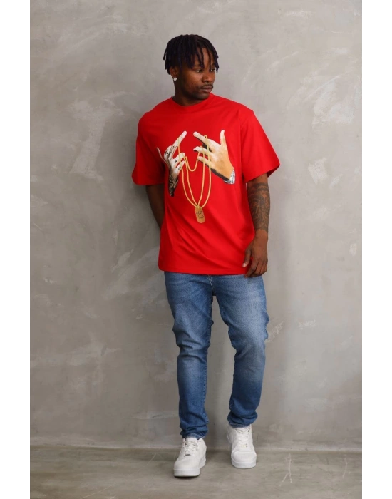 Baskılı Oversize T-Shirt - Kırmızı -