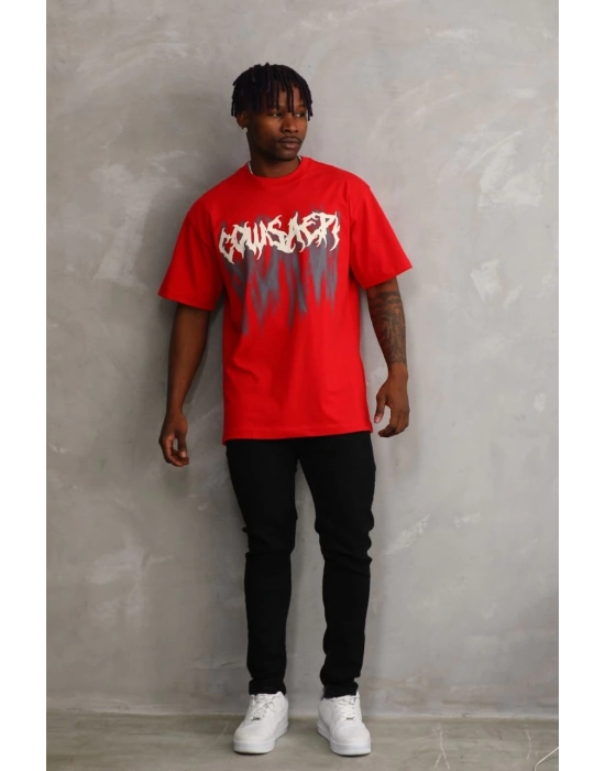 Baskılı Oversize T-Shirt - Kırmızı -