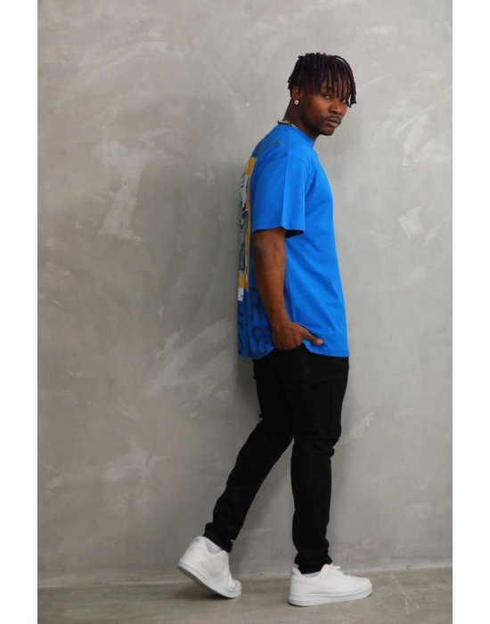 Baskılı Oversize T-Shirt - Mavi -
