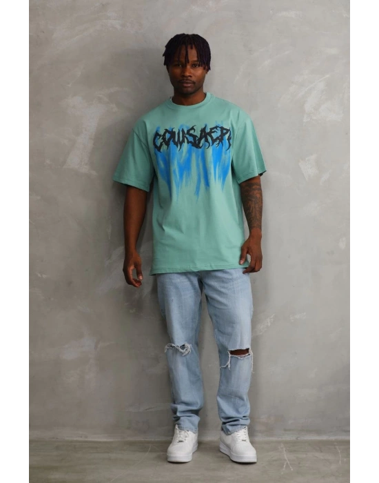 Baskılı Oversize T-Shirt - Mint Yeşili