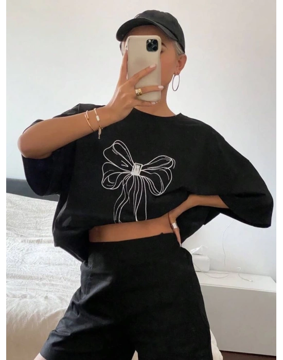 Baskılı Oversize T-shirt - Siyah -