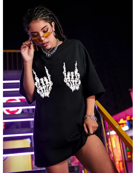 Baskılı Oversize T-shirt - Siyah -