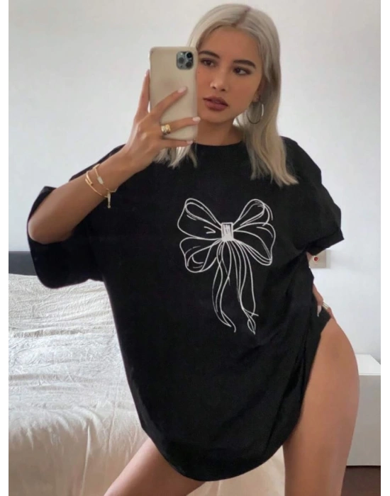 Baskılı Oversize T-shirt - Siyah -