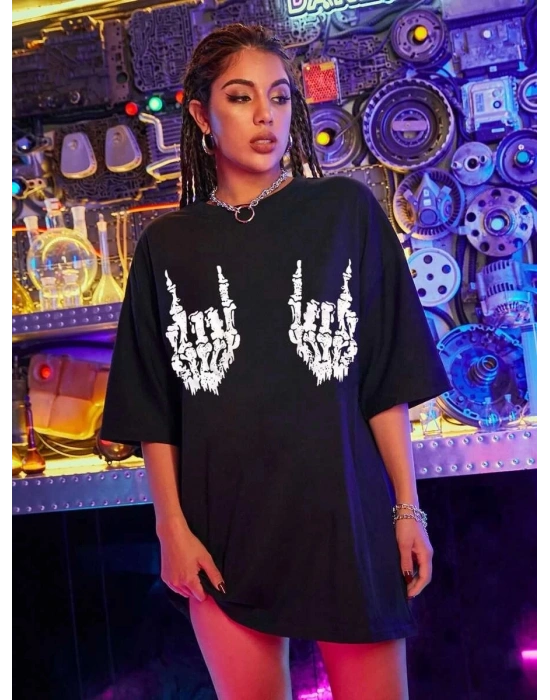 Baskılı Oversize T-shirt - Siyah -