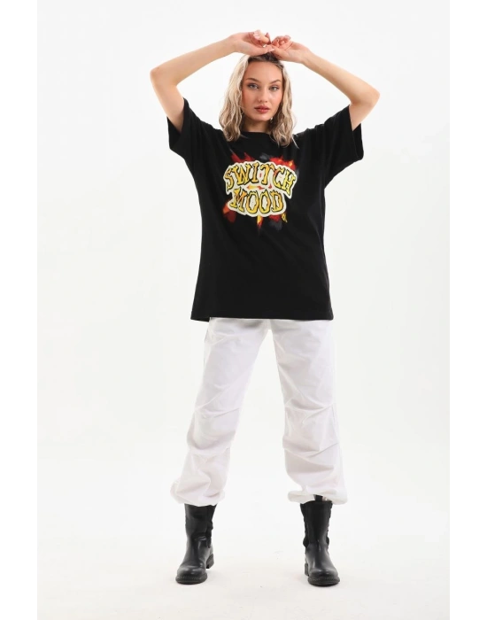 Baskılı Oversize T-Shirt - Siyah -