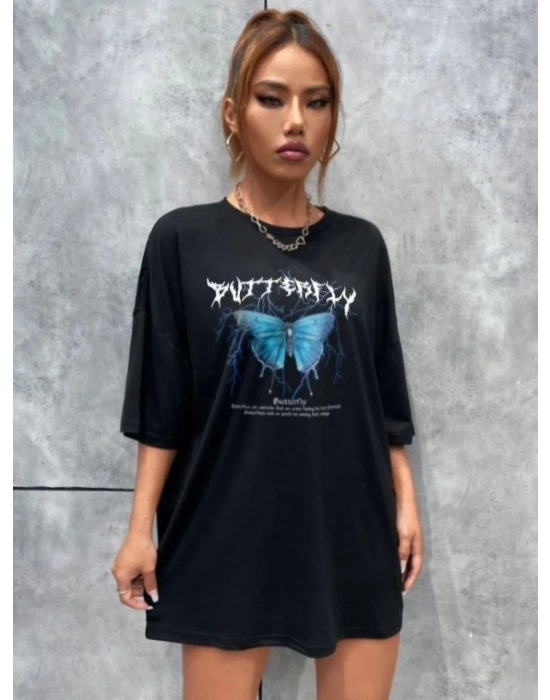 Baskılı Oversize T-Shirt - Siyah -