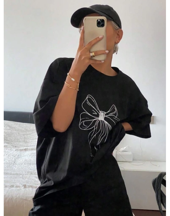 Baskılı Oversize T-shirt - Siyah -