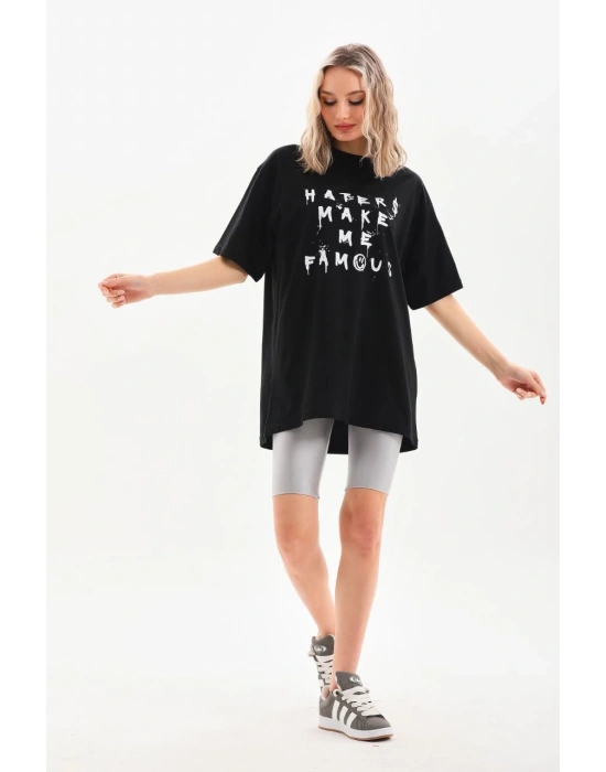 Baskılı Oversize T-Shirt - Siyah -