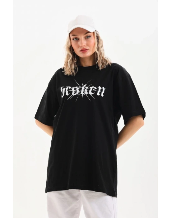 Baskılı Oversize T-Shirt - Siyah -