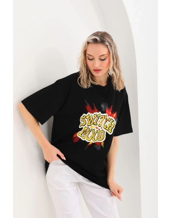 Baskılı Oversize T-Shirt - Siyah -