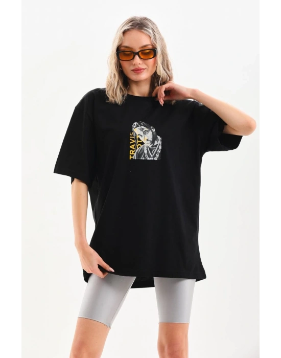 Baskılı Oversize T-Shirt - Siyah -