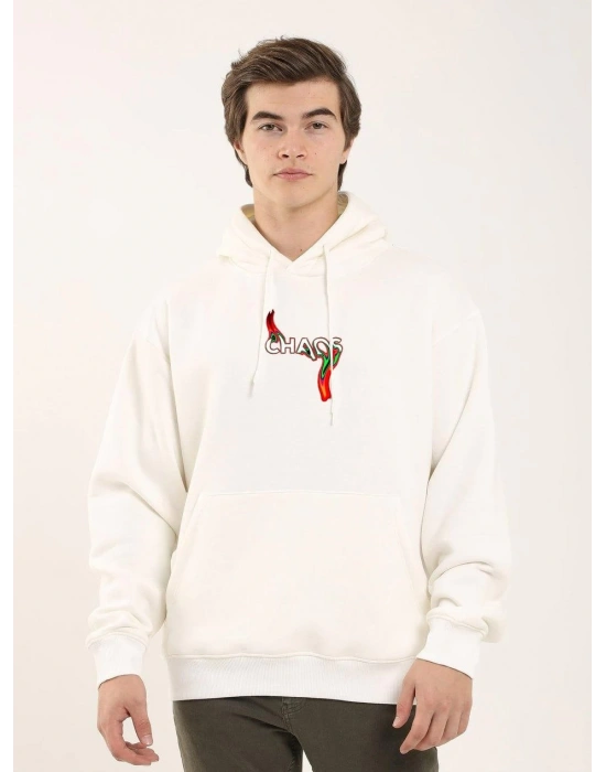 Baskılı Oversize Üç İplik Kapüşonlu Sweatshirt - Beyaz -